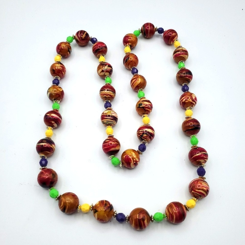Necklace Galaxy Planets Neon Green and Yellow Swirl Hand painted Jewelry 26 In‎